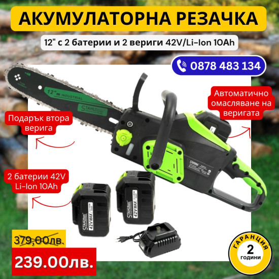 Акумулаторна резачка с автоматично смазване 12" с 2 батерии и 2 вериги  42V . 10.0A