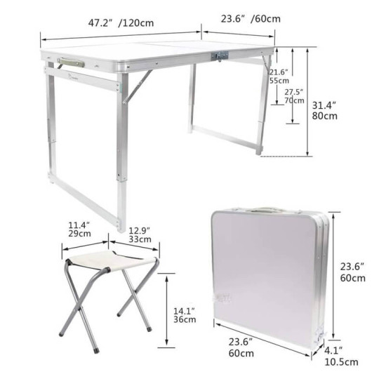 Алуминиев Комплект За Пикник: 4 Стола + Маса 120 х 60 см